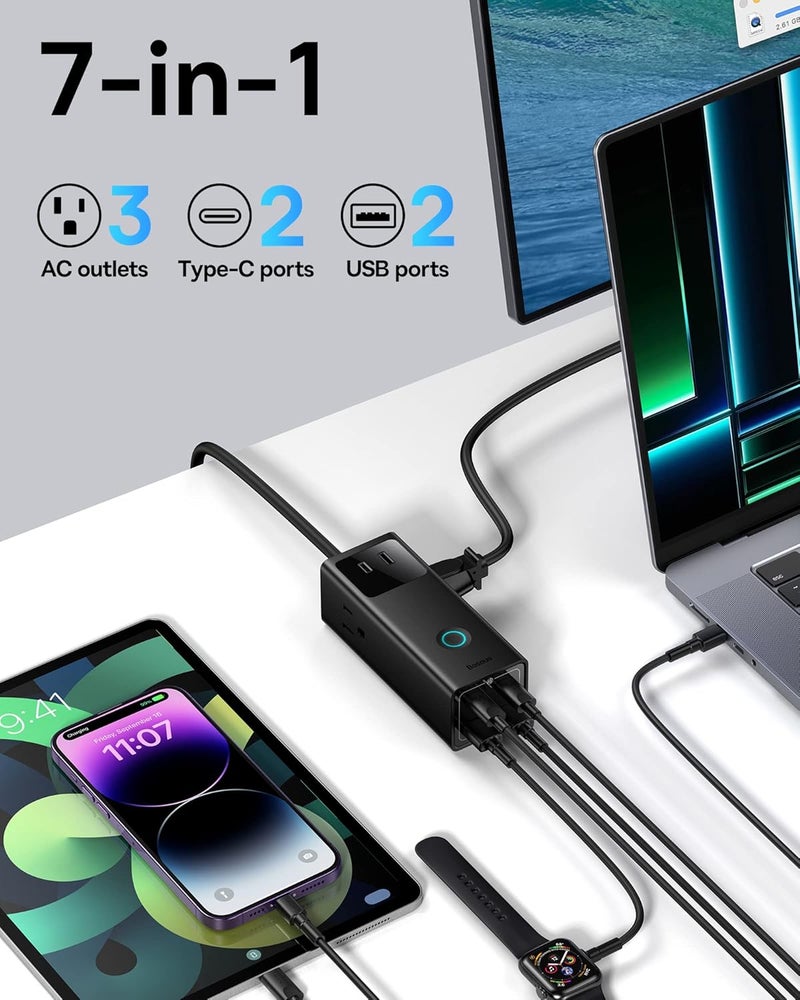 Baseus موزع طاقة مع واقي من زيادة التيار 1200J - شاحن USB C PD65W مع كابل تمديد يحتوي على 3 مآخذ AC و 4 منافذ USB لشحن سريع محطة شحن للمكتب وغرفة النوم والمنزل - Image 2